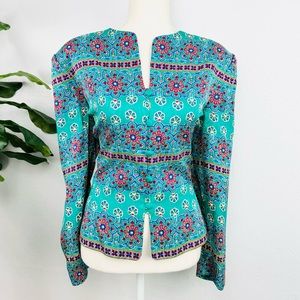Vintage Adrianna Papell Geometric Teal Sea Blue Floral Silk Button Jacket